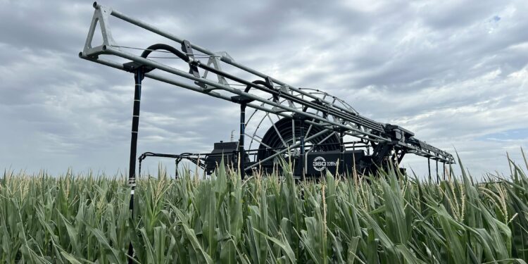 The 360 RAIN irrigation system is the newest technology in place at the Flickner Innovation Farm near Moundridge. (Photo courtesy Kansas Center for Agricultural Resources and the Environment, July 12, 2024)