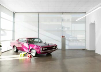 Scott Redford, 'Auto Rothkos', installation view at NAP Contemporary in Mildura, one of the new regional galleries. A minimalistic space with a hot pink care to the left hand side.
