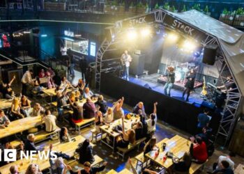 People sitting at tables watching a band perform on stage at Stack Lincoln