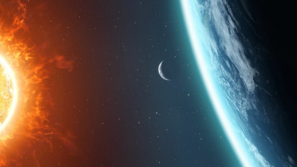 an artist's rendering of the moon in between the Earth and Sun