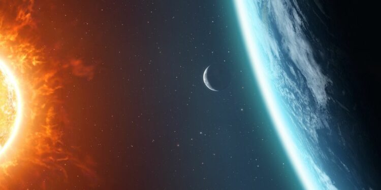 an artist's rendering of the moon in between the Earth and Sun